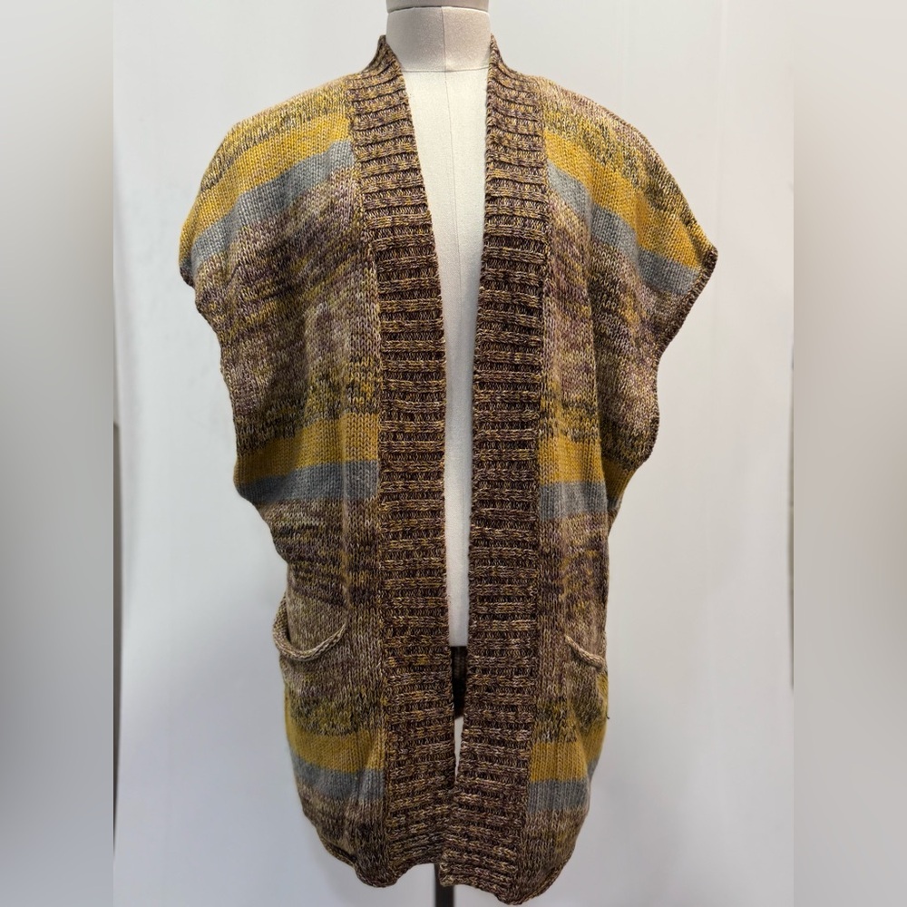 Sparrow Long Open Front Yellow & Brown Multicolored Knit Sweater Vest Sz Small